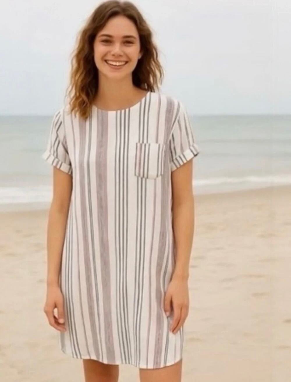 Cloth & Stone (Anthropologie) Striped Linen Blend Shift Dress/Tunic Sz S
